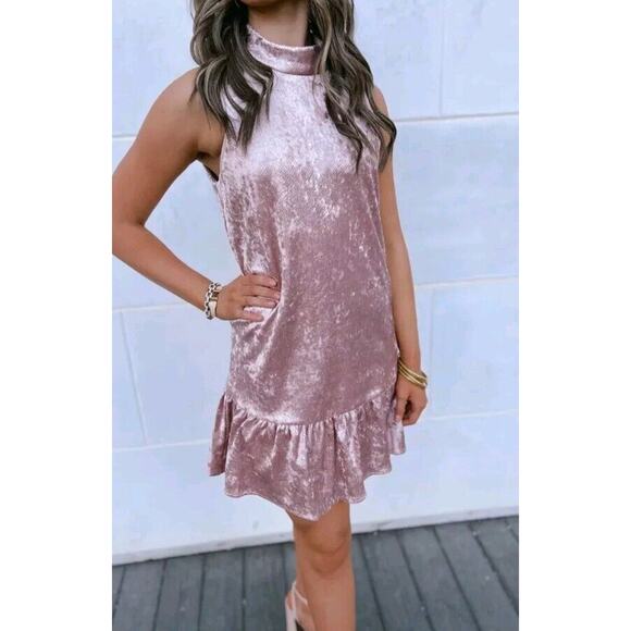 TCEC Blush Pink‎ Velvet Mock Neck Ruffle Mini Dress Party, Wedding, Glam, Size M - Picture 7 of 7